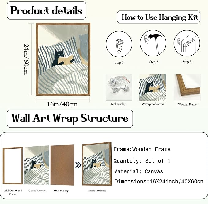 Funny Black Cat Wall Art Painting, Whimsical Cat in Stripe Bed Reading Wall Decor, Cute Animal Book Lover Blue and White Poster Canvas Prints for Bedroom Living Room 16x24 inch Wood Framed