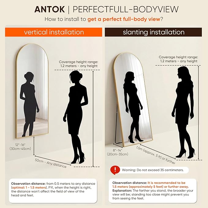Antok 56" x15” Arched Full Length Floor Mirror, Gold Aluminum Frame, Free Standing/Wall Mount/Leaning for Bedroom, Living Room, Dressing Room