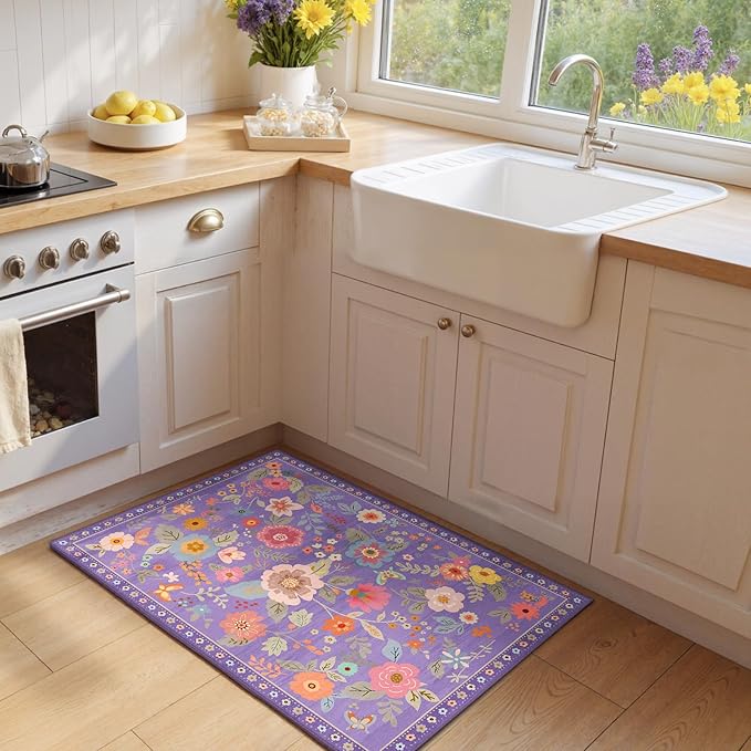 RELEANY Floral Nursery 2x3 Area Rugs Washable Print Boho Cute Carpet Non Slip Flower Low Pile for Living Room Kids Girls Playroom Bedroom Kitchen Office Farmhouse-Purple/Pink/Multi