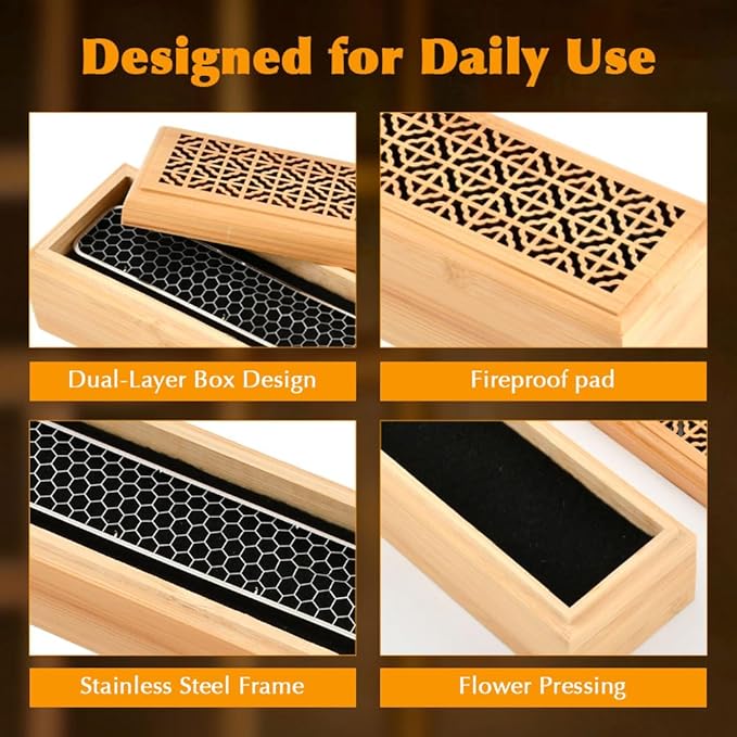 Incense Holder Burner, Coffin Double Layer Wooden Ash Catcher with Storage Drawer & Lid, Includes Zen Brush and Incense Stand for Meditation, Yoga Room, Home, Office