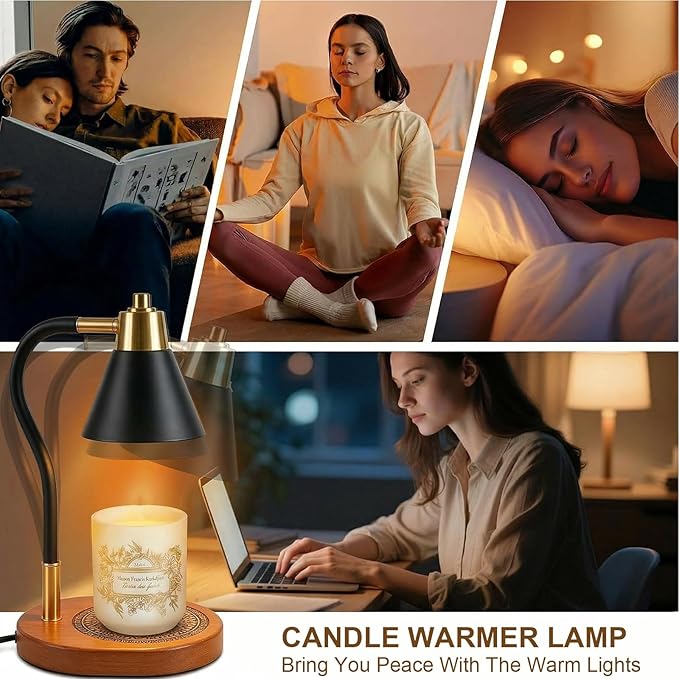 Candle Warmer Lamp with Timer & Dimmer, Adjustable Height Electric Wax Melter for Jar Candles, Dimmable Candle Lamp with Wooden Base & 2 Bulbs, Flameless Home Decor Gifts for Mom Women, Black