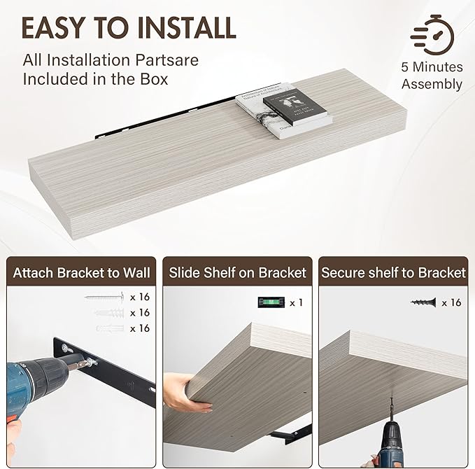 Acovy 40 Inch Floating Shelves, 12" Deep Floating Shelf Wall Mounted, 40" Wall Shelves, Rustic Deep Bookshelf, Extra Deeper & Thicker Display Shelves for Bedroom, Living Room, Gray, Set of 2