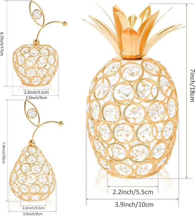 Set of 3 Elegance Crystal Metal Pineapple Pear Table Centerpiece Handmade Crystal Candlestick Hollow Fruit Ornament Home Party Wedding Holiday Decoration (Gold, Set of 3)