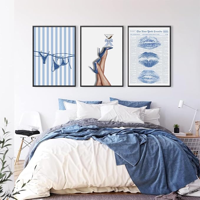 Blue Coquette Wall Art Decor Preppy Trendy Aesthetic Posters Funky Retro Y2k Canvas Wall Art Decor Blue Bow Bikini Lips Prints Girly Room Artwork for Dorm Bedroom 16x24 Inch Unframed Set of 3