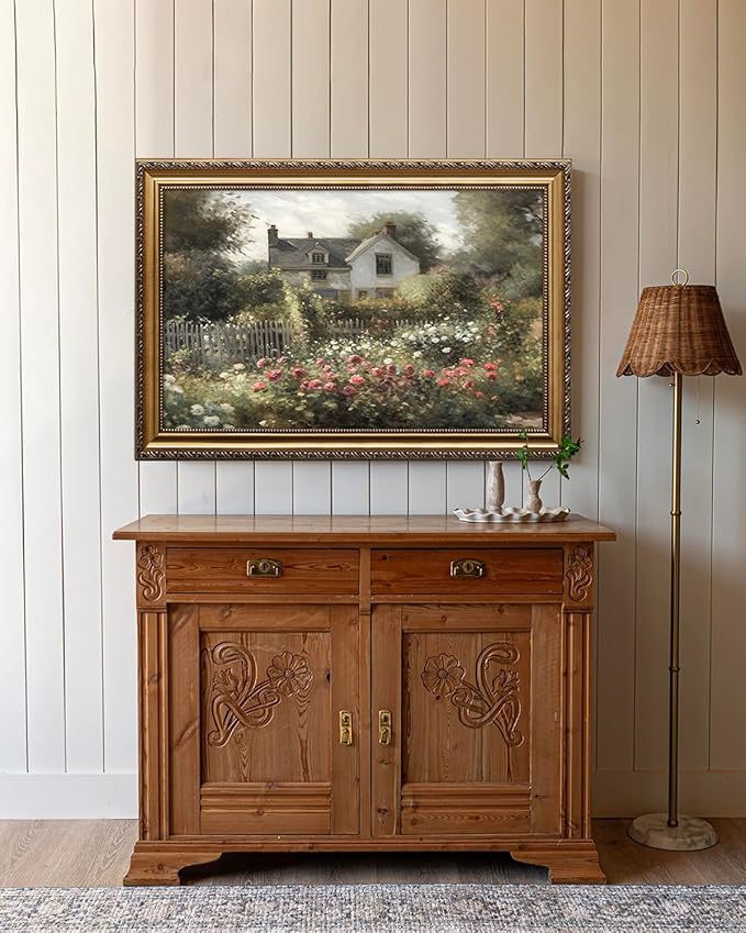 KBKBART Gold Framed Vintage Wall Art, Vintage Wildflower Countryside Canvas Oil Painting Wall Art, Rustic Antique Landscape Spring Decor Bathroom Decor for Bedroom Living Room, Gifts for Friends or Family(16"x24")