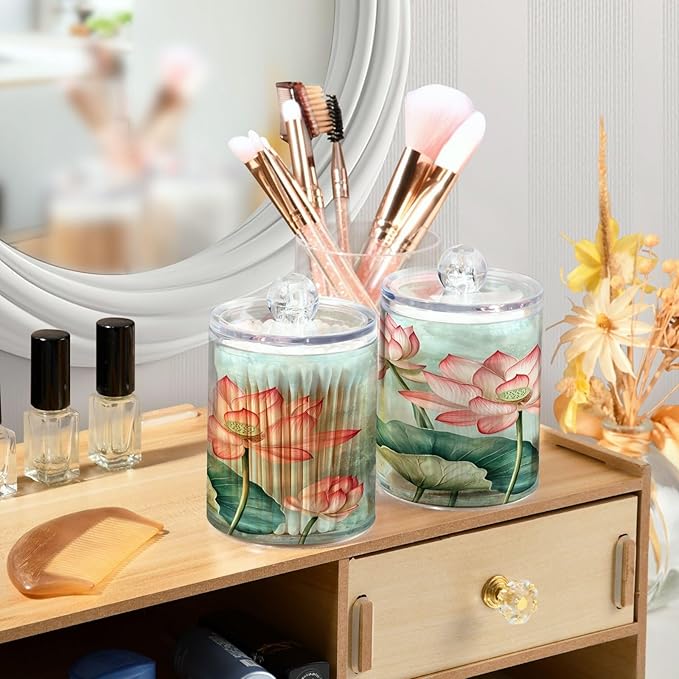 Nander 2Pack Beautiful Watercolor Lotus Flower Qtip Holder Dispenser -Clear Plastic Apothecary Jars Set - Restroom Bathroom Makeup Organizers Containers for Cotton Swab, Ball, Pads, Floss