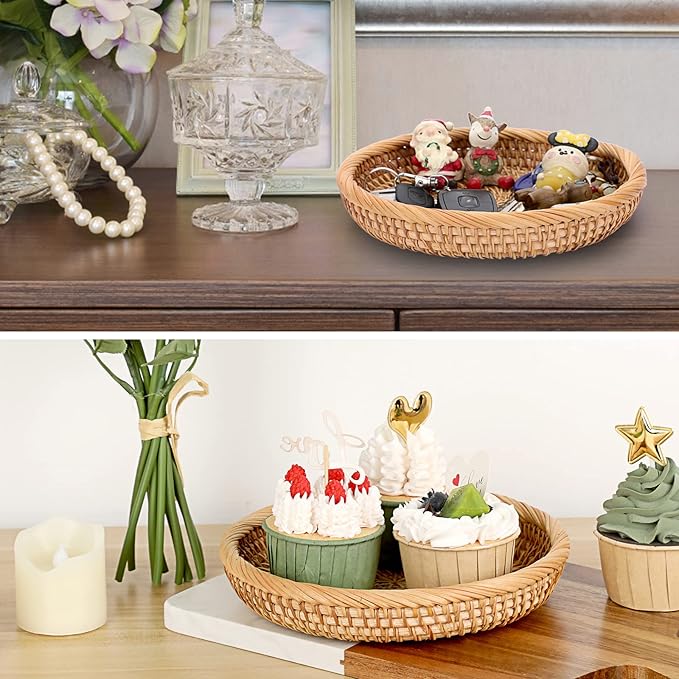 Hipiwe 9.9" Round Key Basket Bowl for Entryway Table Wicker Storage Basket Woven Keys Bowl Holder Crackers Fruit Candy Serving Tray Rattan Organizer Basket for Remote Control Wallet Cell Phone