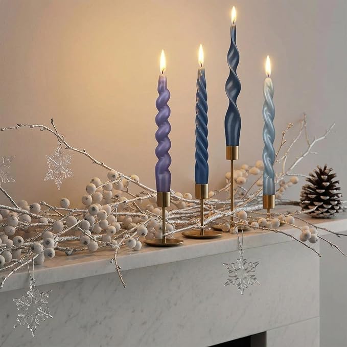Nuanchu 4 Pcs Twisted Taper Candles Wax Unscented Smokeless Spiral Swirl Candlesticks for Wedding Holiday Dinner Party Home Decorations(7.87 Inch,Pure,Blue)