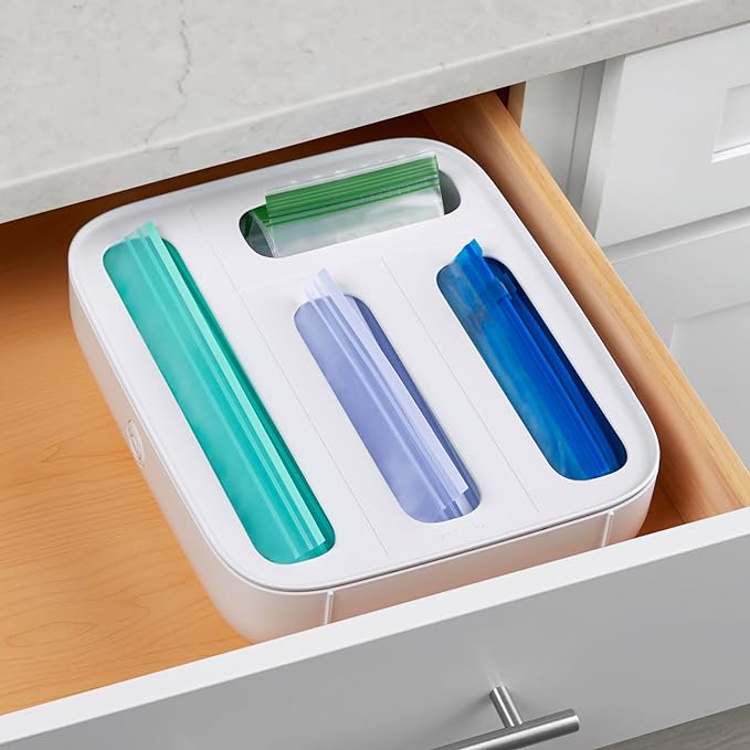 YouCopia StoraBag Drawer Food Bags Dispenser, 4-Slot, Plastic Sandwich Bag Organizer for Kitchen Storage, White