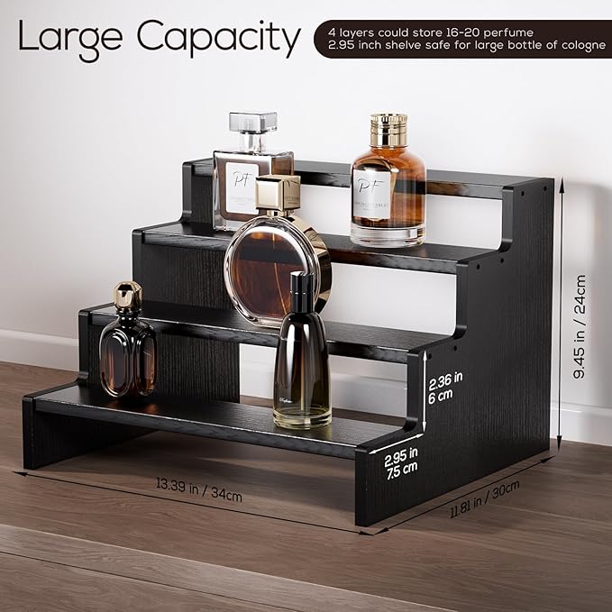 ProCase Wooden Cologne Organizer for Men, 4 Tier Perfume Organizer, Mens Cologne Stand Holder Storage, Display Riser Shelf Rack for Fragrances Candles Cosmetics Cupcake Figure Spice -Black