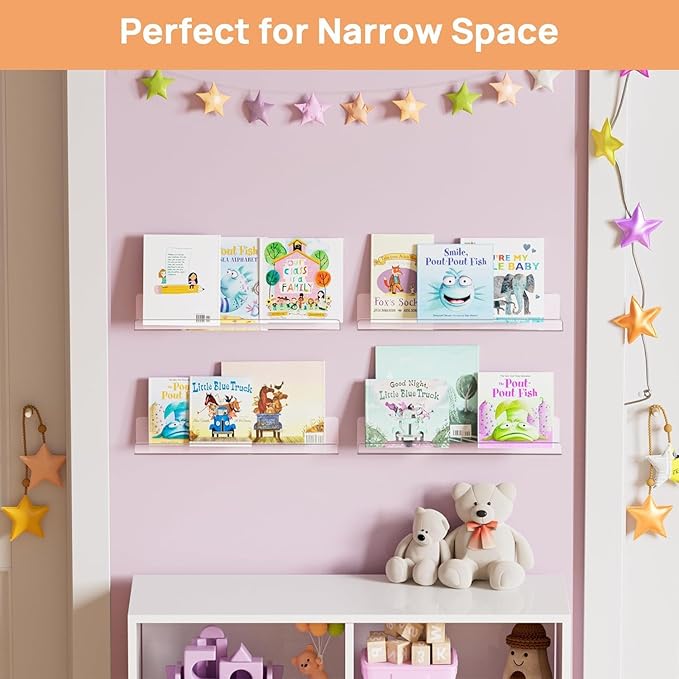 Acrylic Shelves for Bathroom Storage, 15" Floating Shelves Wall Organizer for Perfume, Make up, Skincare, Kids Bookshelf for Bedroom, Nursery, Living Room Decor, Clear 2 Pack