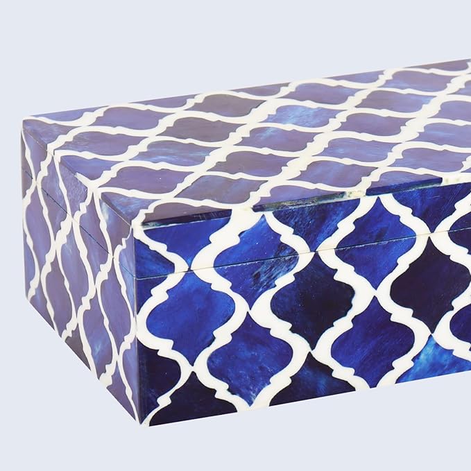 Handicrafts Home Decorative Storage Box with Lid, Moroccan Coffee Table Storage Box Organizer, Wooden Keepsake Jewelry Box, Decorative Desk Console Storage Box, Blue, 10 x 4.5 x 2.5