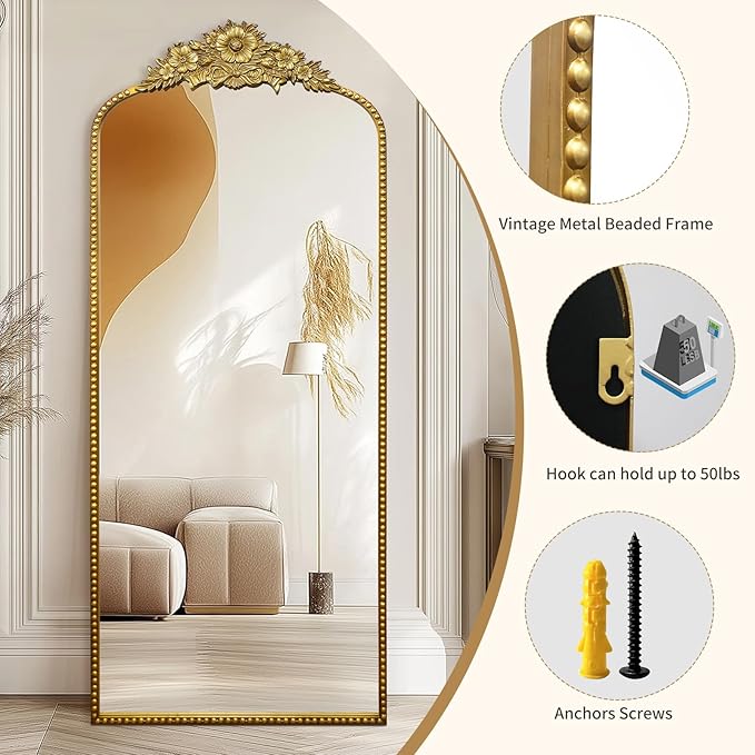 Full Length Mirror, 75x30 Baroque Style Vintage Mirror, Antique Metal Frame Wall Mirror, Traditional Art Home Decor for Living Room, Bedroom, Entryway,Retro Gold