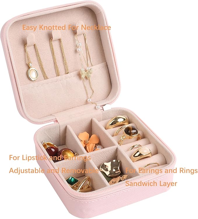 OceeK Travel Jewelry Case, PU Leather Small Jewelry Box,Portable Travel Jewelry Organizer Storage Case,Pink,1 Pack
