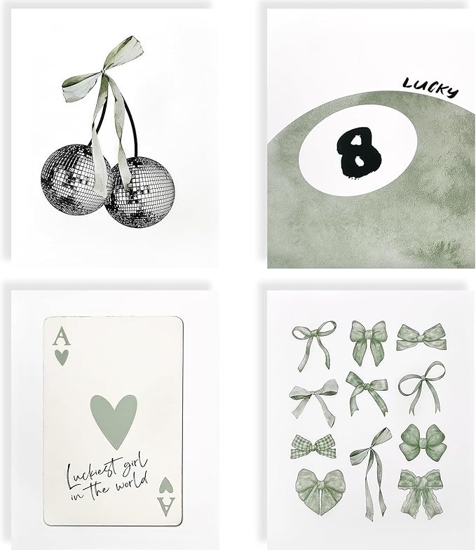 bakbrand Wall Art Minimalist Aesthetic Wall Decor Coquette Modern Canvas Decor Posters Trendy Preppy Bow Picture Print Painting for Bedroom/Living Room, Set of 4 Pcs Unframed (AC1, Green, 8W x 10L)