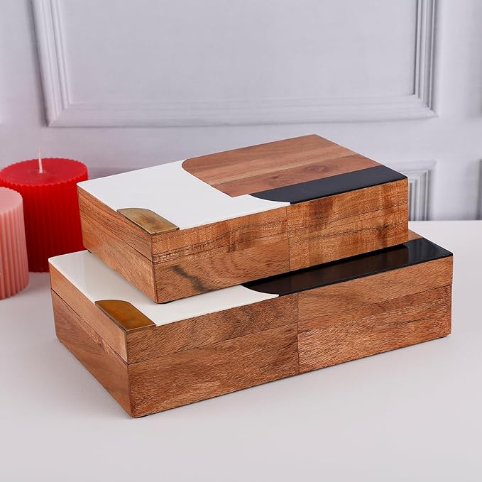Handicrafts Home Decorative Storage Box, Keepsake Box Jewellery Organiser Abstract Wood Box, Handmade Wooden Jewelry Box with Resin & Brass Inlay, Memory Box for Home Decor, Coffee Table- 10x4.5x2.5