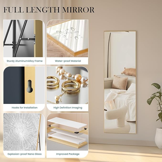 NEWBULIG Full Length Mirror, Full Body Floor Mirror with Aluminum Alloy Thin Frame, Wall or Standing Mirror for Bedroom, Living Room, Dressing Room