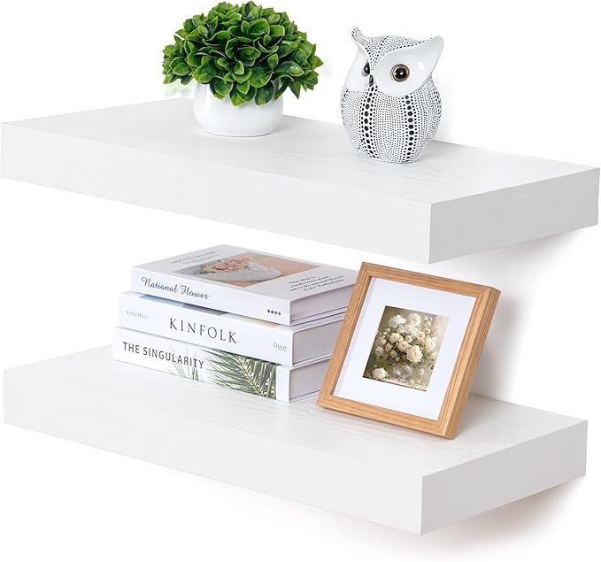 FLYJOE Deep Floating Shelves | 24 Inch White Floating Shelves Set of 2 | 12 Inch Deep Rustic Wood Shelves for Wall | 24" W x 12" D White Shelves for Living Room Bathroom Laundry Room Kitchen