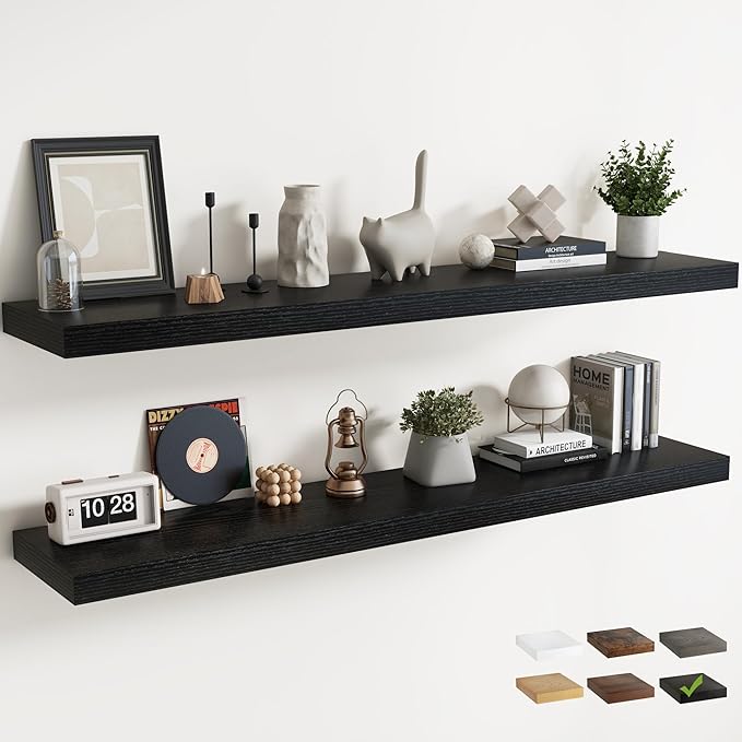 72 Inch Floating Shelves for Wall with Invisible Brackets Set of 2, 12"D Engineered Wood Wall Shelves with Wood Grain for Living Room, Bedroom, Bathroom, Kitchen Decor and Storage, Black Finish