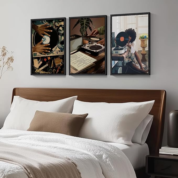 Black Girl Wall Art Decor Modern Black Woman Painting Prints, Set of 3 African American Music Record Player Poster Canvas Artwork for Bedroom Living Room 16x24 inch PS Framed