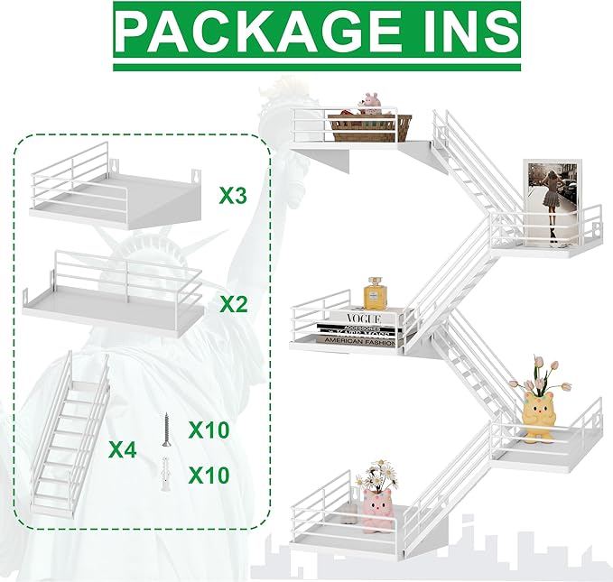 Fire Escape Shelf - 5 Tier Large White Metal Fire Escape Wall Shelves with Baskets, New York Action Figurine Display Shelf, Unique Rustic Floating Decorative Wall Shelves for Home