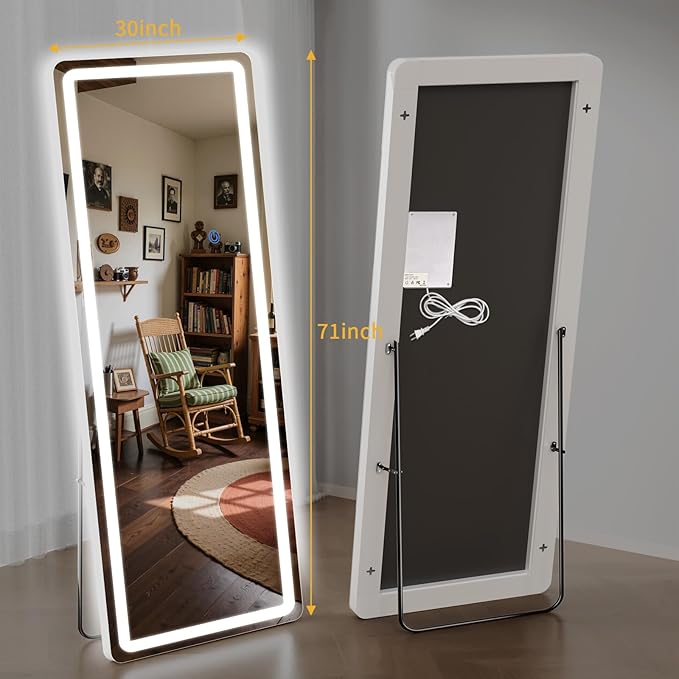 Standing Mirror Full Length with LED Lights, 71"x30" Lighted Mirror with Dimming & 3 Color Lighting, Tall Mirror Full Body for Bedroom, Dressing Room