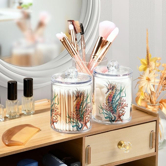 2 Pack Qtip Holder Dispenser for Cotton Ball Seahorse Starfish Watercolor Ocean Cotton Swab Cotton Round Pads Clear Plastic Acrylic Jar Set Bathroom Canister