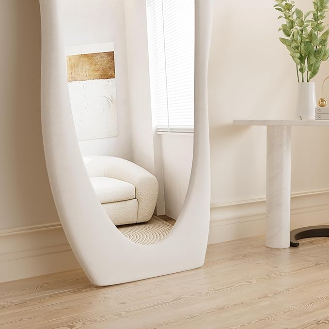 Rowjut Full Length Mirorr, 63"x24" Mirror Full Length, Irregular Wall Mounted Mirror, Standing Floor Mirror with Flannel, Wavy Body Mirorr Hanging or Leaning Against Wall for Bedroom (White)
