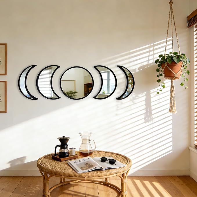 5-piece Set of Moon Phase Mirror Decorations in Nordic Style, Acrylic Mirror paired with Wooden Combination, Bohemian Style Living Room Bedroom Home Decoration, Black (Black)