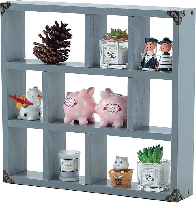 17.7x15.7-Inch Shadow Box Shelf 9-Slot Rustic Floating Shelves Larger Wall Mounted Shelf Lightweight Solid Wood Display Shelf Freestanding Farmhouse Shelf (9C-Dark Gray)