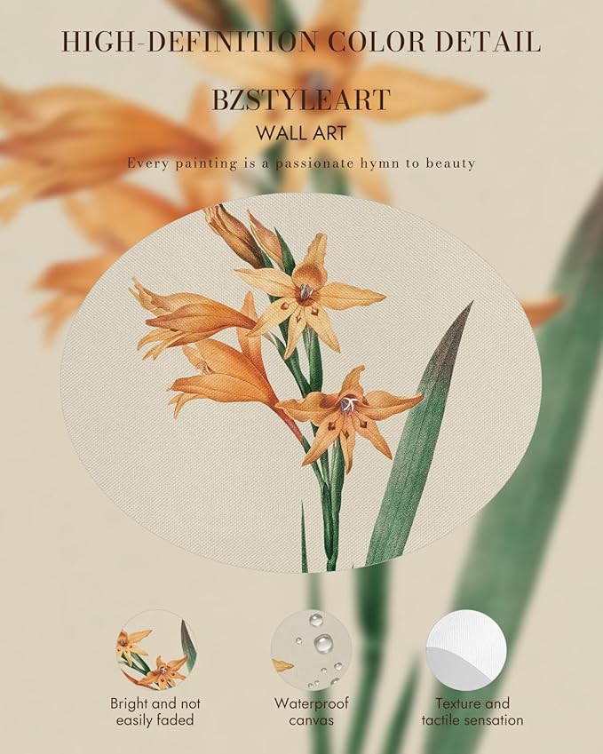 Bzstyleart Vintage Wall Art Decor for Living Room, Gladiolus Yellow Flower Wall Art Botanical, Vintage Floral Botanical Prints, Gold Framed Artwork Room Decor Aesthetic for Bedroom, 12 x 16 Inch