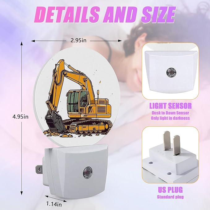 Cartoon Excavator Night Light Mechanical Construction Truck Night Lights LED Lamp Round Plug into Wall Nightlight with Dusk to Dawn Sensor Home Hallway Stairway Kitchen Decor