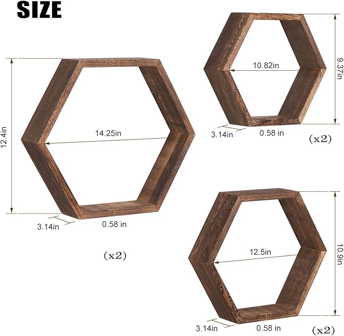 NOVIMANGO Hexagon Floating Shelves Set of 6 Honeycomb Shelves for Wall Wood Farmhouse Storage Home Decor Shelf Wall Mounted Wooden Hexagonal Shelves for Bedroom Living Room Nursery, Rustic Brown