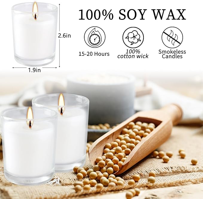 YOROXRG 48 Pack White Unscented Clear Glass Filled Votive Candles. Hand Poured Wax Candle Ideal Gifts for Home Décor Parties Weddings Holidays and Meditation (White)