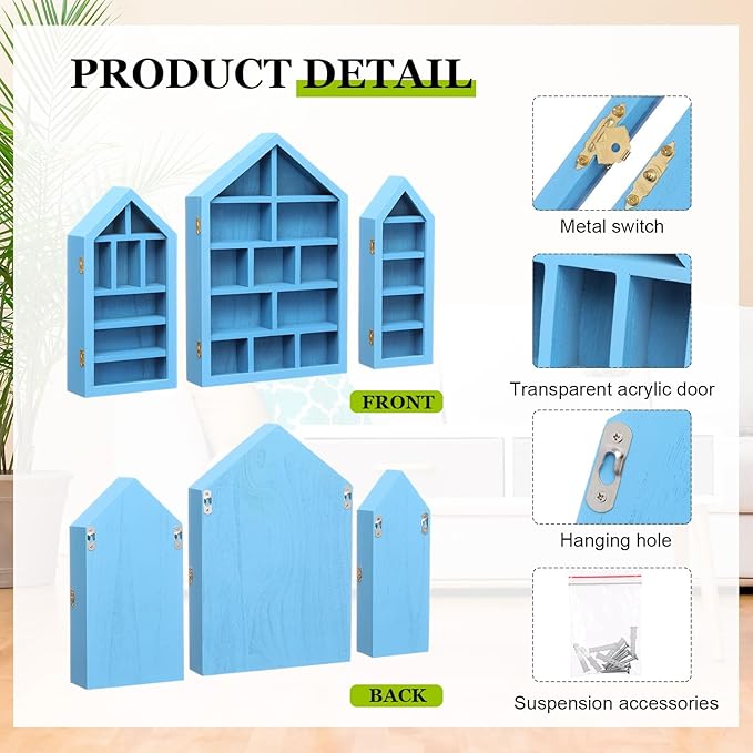 DoubleFill Set of 3 Wooden Trinket Display Shelf Shadow Box with Shelves 10 x 15 Inch Large Wall Mounted Display Storage Mini Figures Curio Trinket Medals Crafts Collections(Ocean Blue,House Shape)