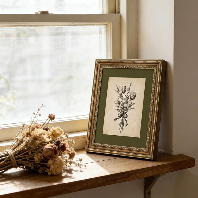Gold Framed Wall Art Vintage Flower Sketch Wall Art Antique Sage Green Botanical Wall Decor Picture Dark Green Floral Drawing Poster Print for Bedroom Living Room 12x16in