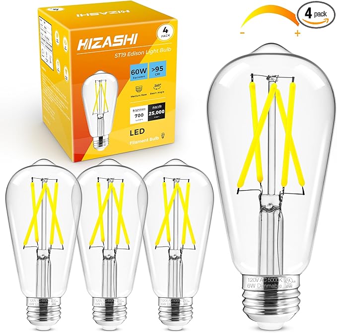Hizashi LED Edison Bulbs, 6W, Equivalent 60W, Dimmable E26 LED Bulb, Daylight 5000K, 90+ CRI 700 Lumens, ST19 Vintage Light Bulbs, Clear Glass, Pack of 4