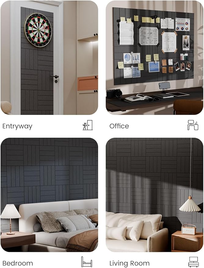 Bumusty Large Cork Board Alternative-48 x 36" Felt Bulletin Board Tiles, with 30 Pushpins, 70 Adhesive Tabs, Bold-Stripe 12-Pack, Cork Boards for Office Push Pin Board Felt Board-Charcoal Gray