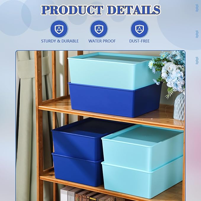 Menkxi 6 Pcs Large Plastic Storage Bins with Lids 14.4 x 10.4 x 5.1 Inch Stackable Storage Containers Decorative Cubby Organizer for Clothes Shelves Garage Closet Office (Blue Series)