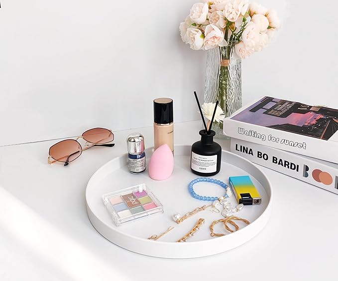 Round White Serving Tray (11 Inch) - Sturdy White Plastic Bathroom & Kitchen Decor Tray - Farmhouse Decor, Vanity Tray, Coffee Table Tray, Countertop Organizer