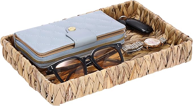 Decorative Key Holder for Entryway Table Handwoven Natural Water Hyacinth Basket Tray Rectangular Serving Tray, 11.9" x 7.9" x 1.6"