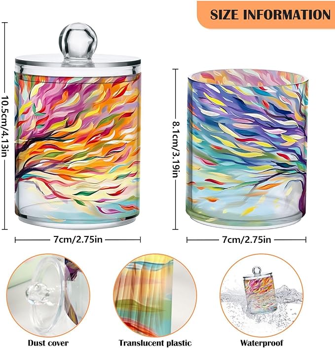 4 Pack Qtip Holder Dispenser Rainbow Life Of Tree Plant Cotton Ball Swab Round Pads Floss Clear Bathroom Storage Containers Plastic Apothecary Jars with Lids