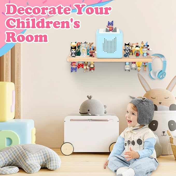 for Tonies Box Storage Shelf Wall Mounted, Magnetic Pine Wood Floating Shelves Organizer for Tonie box1/2 Player, Tonies Figures, Earphones, Display Collection 20~30 Characters