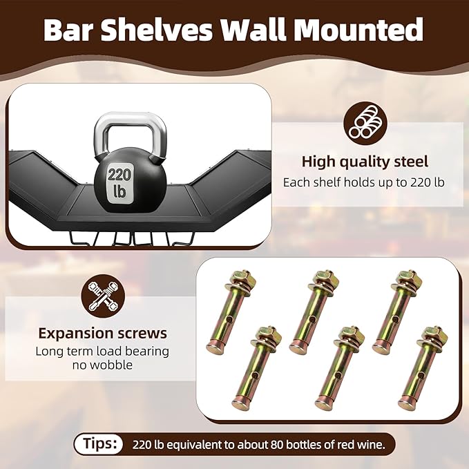39.4" Large Modern Wall Mounted Wine Rack with LED Light, 3-Tier Floating Bar Shelves, Large Bar Shelf with Wine Glass Rack, for Home Bars and Restaurants, Black