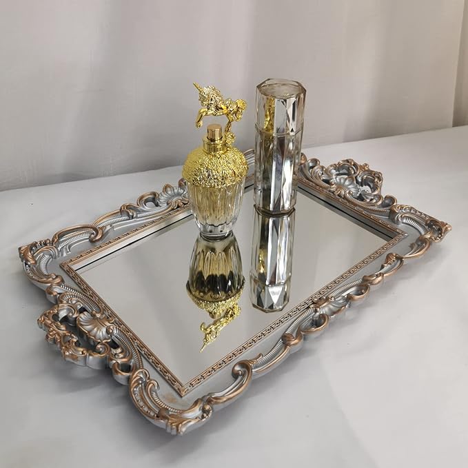 Shell Rectangle Decorative Mirror Tray, French Style, Makeup Organizer, Jewelry Organizer, Serving Tray, 9.3"x 14.9", Golden Silver