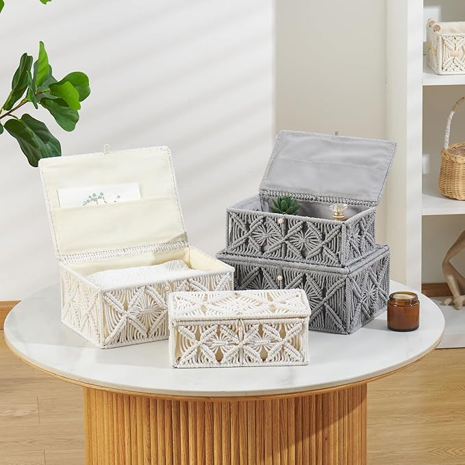 Decorative Boho Storage Baskets with Lid Bohemian Macrame Jewelry Box Handmade Natural Cotton Rope Woven Bins Memory Keepsake Photo Makeup Organizer Shelf Container (Gray, Large)