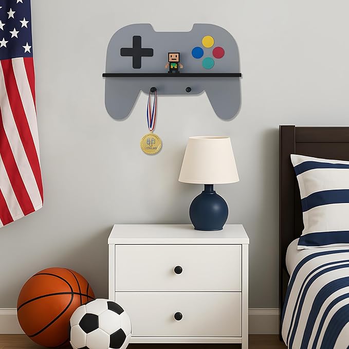 Game Room Decor Gaming Floating Shelf for Wall - Retro Controller Shaped Wooden Display Rack with Hooks for Controllers and Headphones, Gray, Gaming Room Organizer for Boys and Teens