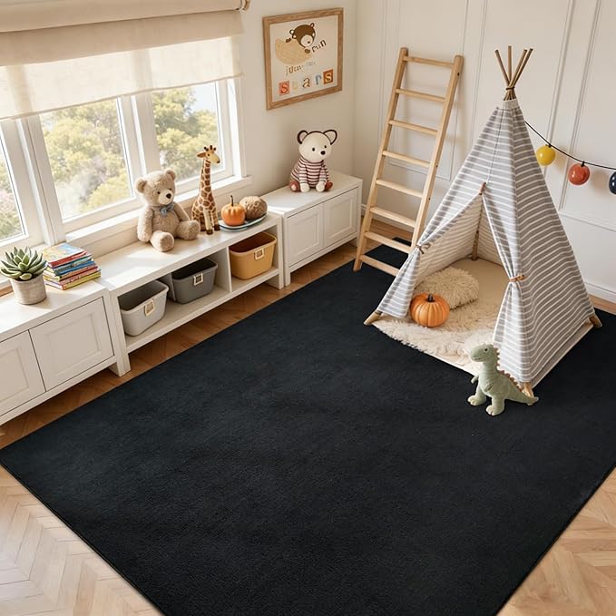 FinRèc 6x9 Washable Area Rugs for Bedroom Living Room, Low Pile Thin Rug Solid Color, Non-Slip Carpet Indoor for Home Decor (Pure Black)