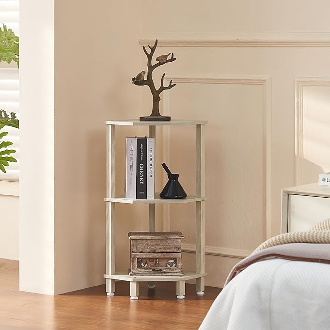 YUFAM 3-Tier Corner Shelf with Sturdy 5-Leg Base, 29in Tall Narrow Bookcase for Small Spaces, Wooden Plant Display Shelf, Thin Bookshelf for Living Room, Bedroom, Office, Grey White