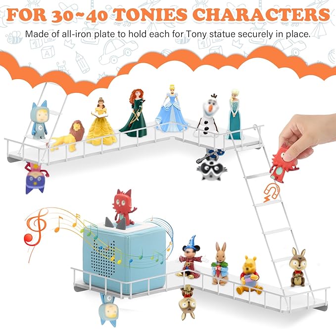 90° Ladder for Tonies Box Storage Wall Corner, Magnetic Floating Shelves Organizer for Tonie 1/2 Player Tonies Figures Characters, Display Collection 30~40 Characters (Iron)